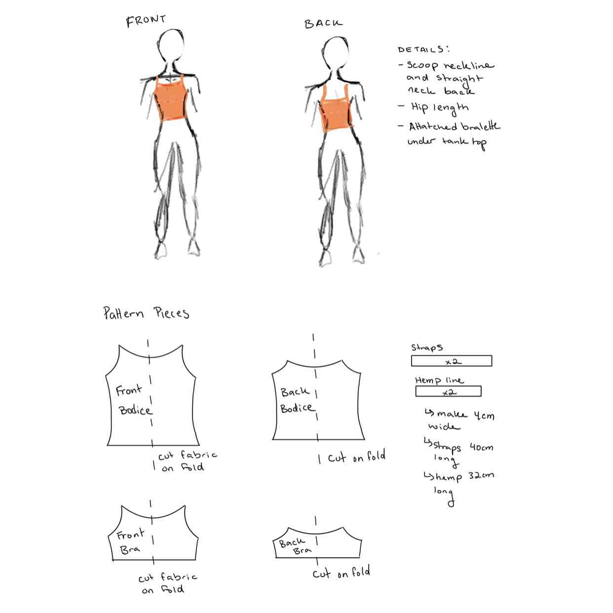 Image of fabric pieces for orange tank top.